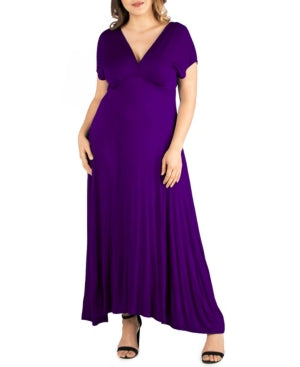 24seven Comfort Apparel Plus Size Empire Waist V-neck Maxi Dress - Purple