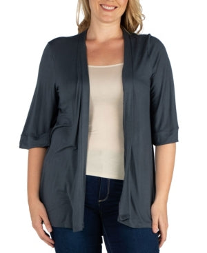 24seven Comfort Apparel Plus Size Elbow Length Open Front Cardigan - Charcoal