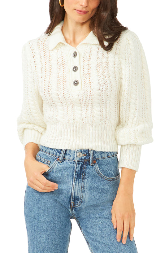 1.State Women's L/S Quarter Button up Turtleneck Sweater in Antiq White Small Lord & Taylor