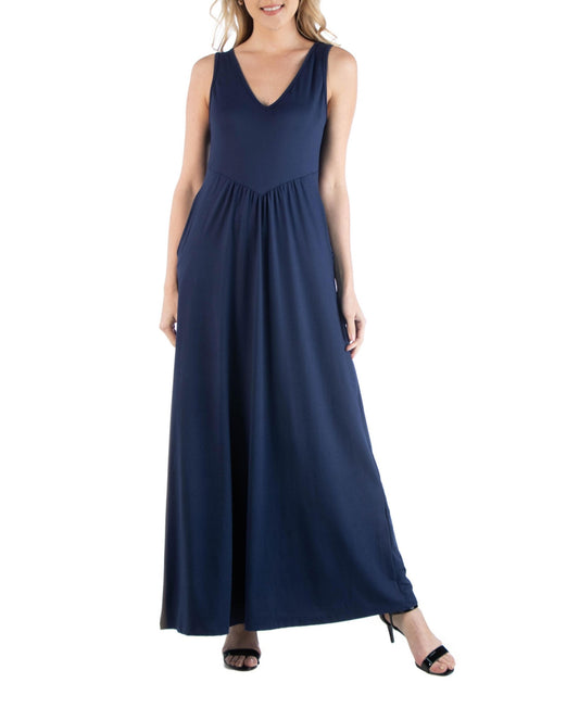 24seven Comfort Apparel Women's Sleeveless V-Neck Maxi Dress with Pocket Detail - Navy