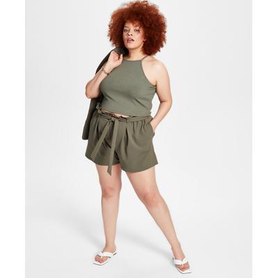 Bar III Trendy Plus Size High-Rise Shorts, Created for Macy's - Dusty Olive