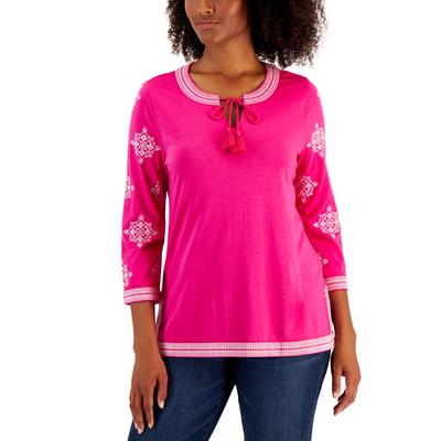Charter Club Petite Embroidered Tie-Neck Top, Created for Macy's - Pink Tutu