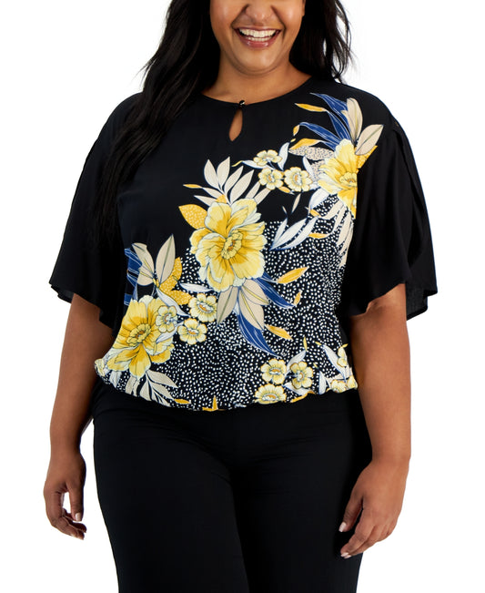 JM Collection Plus Size Keyhole-Neck Floral Top, Created for Macy's - Deep Black Combo